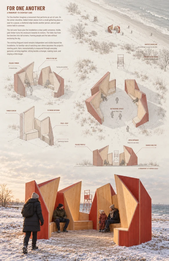 For One Another — Concept and experience: the winter shoreline, folded timber enclosure and shared gathering space.
