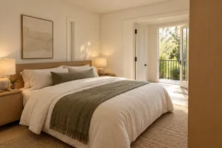 Fulton House — Primary bedroom · soft light, natural materials and balcony access