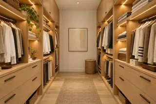 Fulton House — Primary dressing room · integrated storage and warm lighting