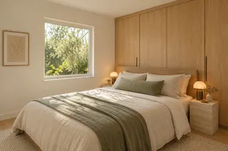 Fulton House — Bedroom 4 · fitted storage and a calm material palette
