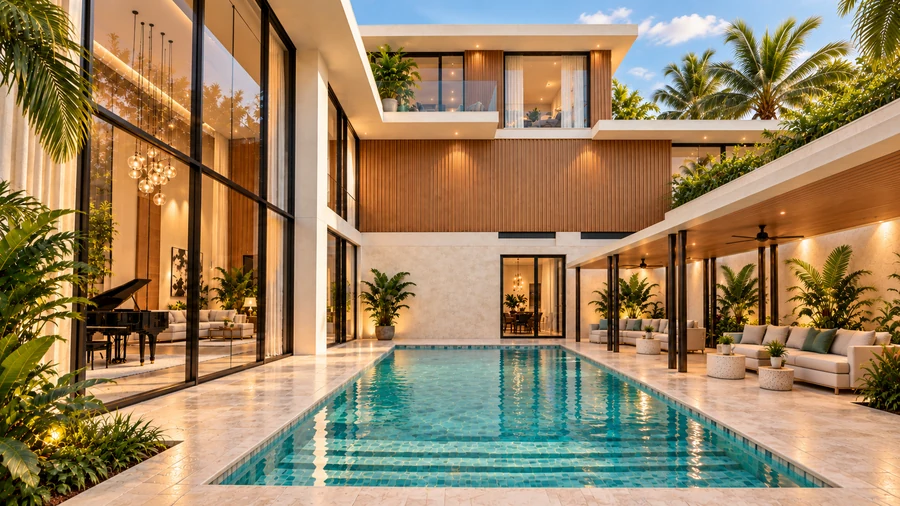 Harmony Court — Pool courtyard · water and planting at the centre of the home