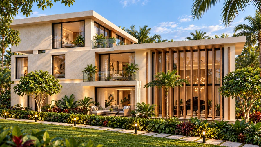 Harmony Court — Garden facade · timber screens, mineral finishes and deep terraces