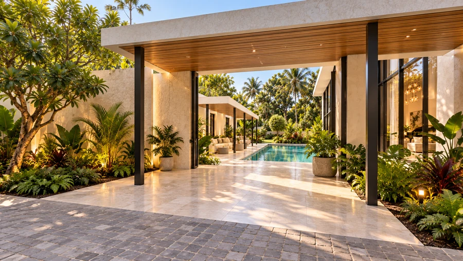 Harmony Court — Sheltered arrival · a shaded threshold opens towards the pool court