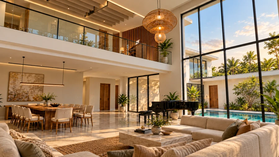 Harmony Court — Music room · the grand piano and upper family lounge share one double-height space