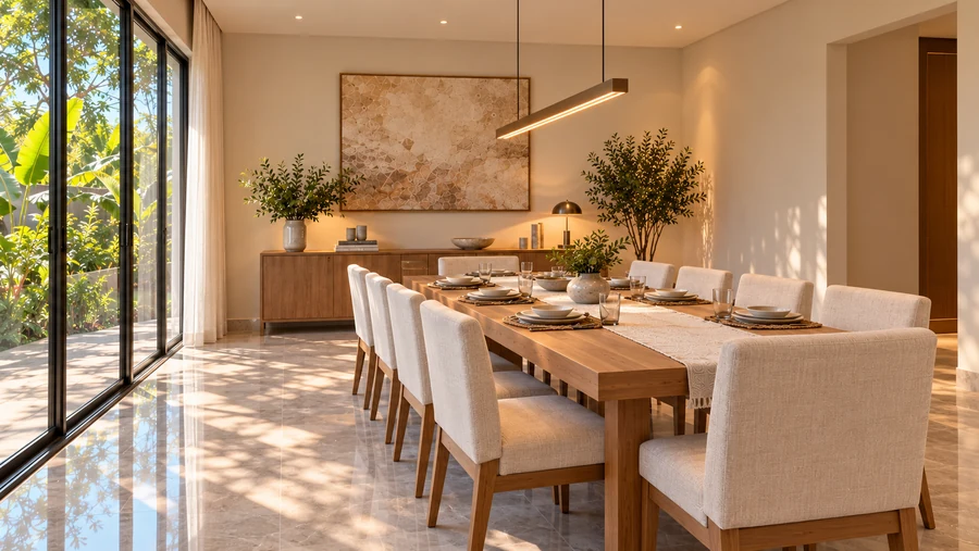 Harmony Court — Dining room · warm timber, soft lighting and views into the courtyard