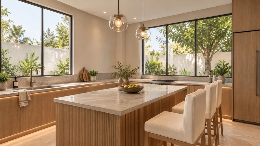 Harmony Court — Family kitchen · oak cabinetry, pale stone and a generous island