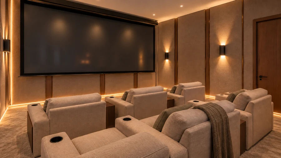 Harmony Court — Home cinema · upholstered seating, timber panels and integrated lighting