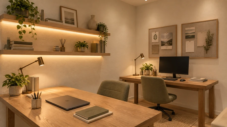 Harmony Court — Shared study · two workstations with fitted storage and daylight