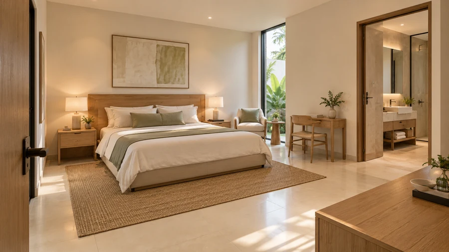 Harmony Court — Guest suite · a quiet room with natural textures and garden views