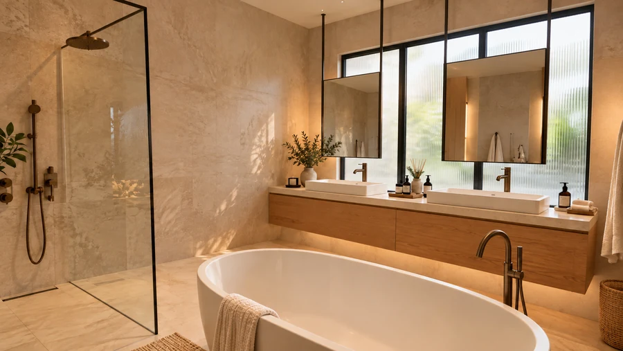Harmony Court — Master bathroom · stone, timber and a restrained material palette