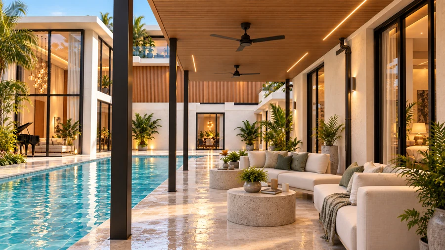 Harmony Court — Poolside lounge · sheltered seating alongside the water