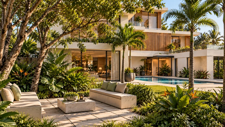 Harmony Court — Garden sitting area · planting and shade create a separate place to pause