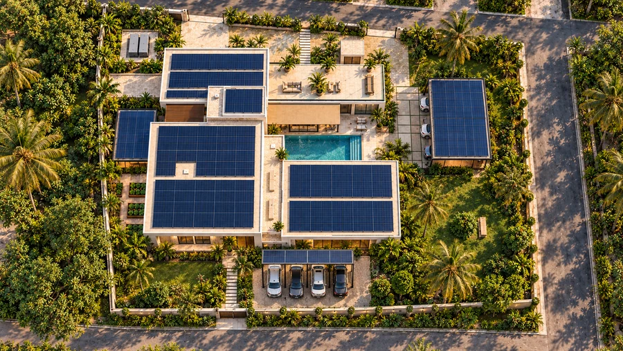 Harmony Court — Aerial view · the courtyard, garden, circulation and proposed solar roof zones