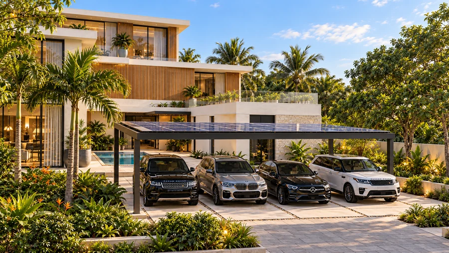 Harmony Court — Arrival canopy · shaded guest parking beneath a proposed photovoltaic roof