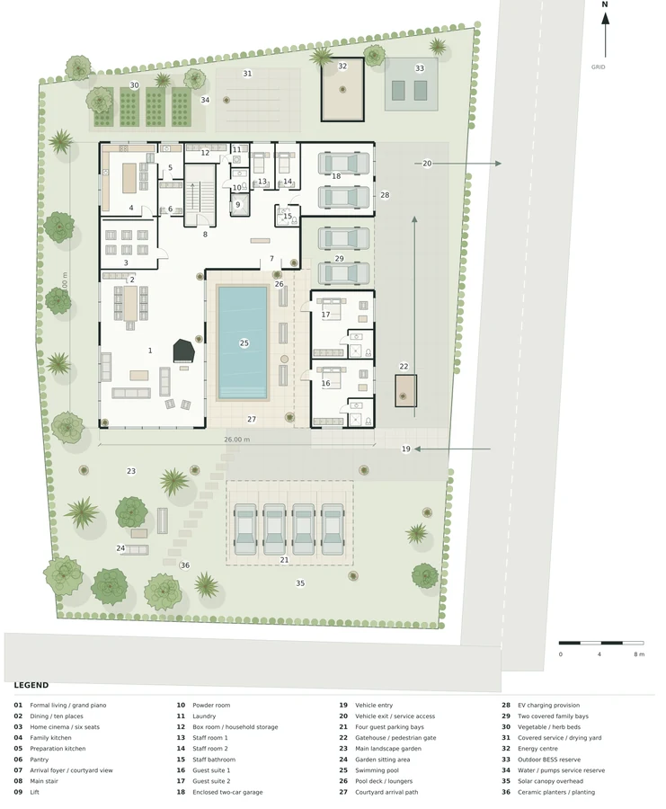 Harmony Court — Ground-floor and site plan · furnished rooms, courtyard, garden and arrival