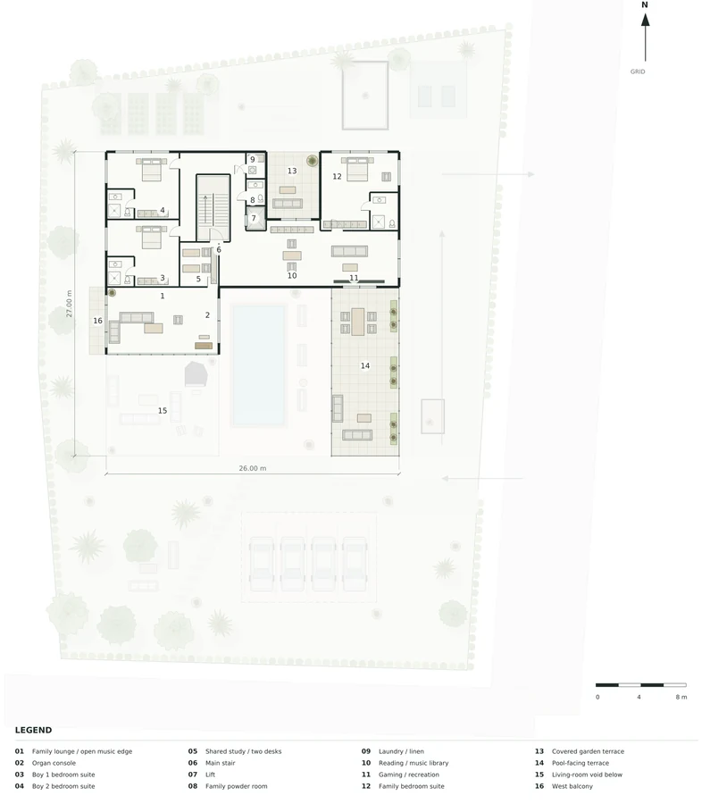 Harmony Court — First-floor plan · family rooms, shared study and the open music edge
