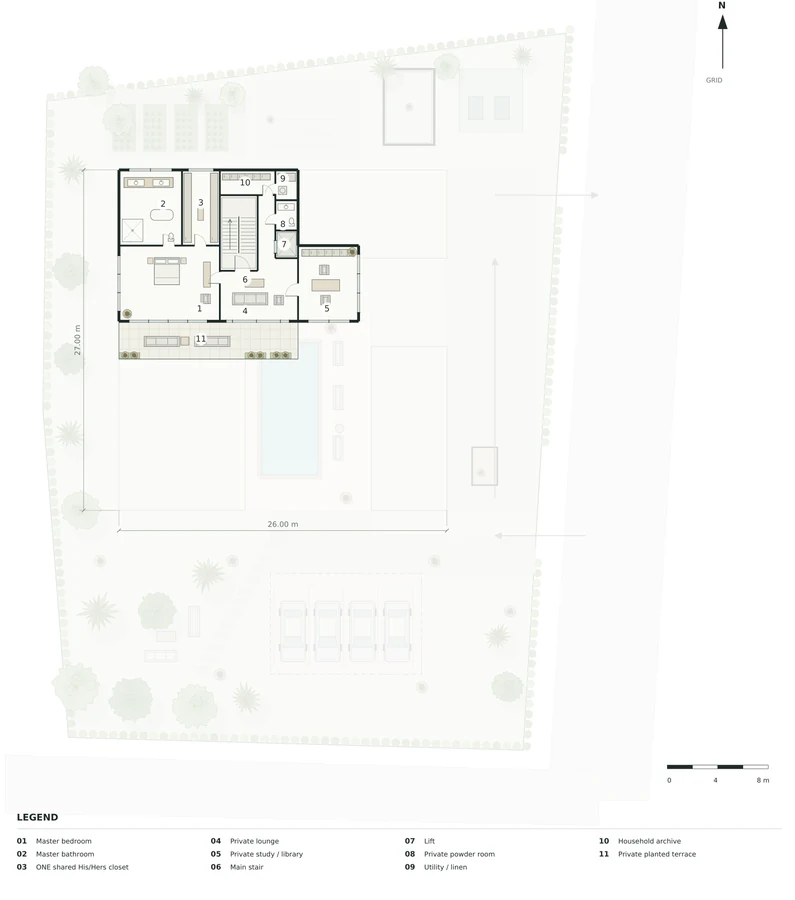 Harmony Court — Second-floor plan · private suite, shared wardrobe, study and planted terrace