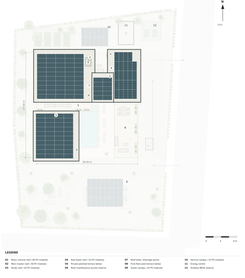 Harmony Court — Roof plan · proposed solar zones, access and planted terraces; subject to engineering review