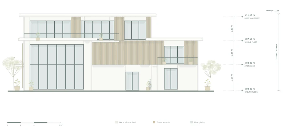 Harmony Court — South elevation · garden frontage, material palette and principal levels