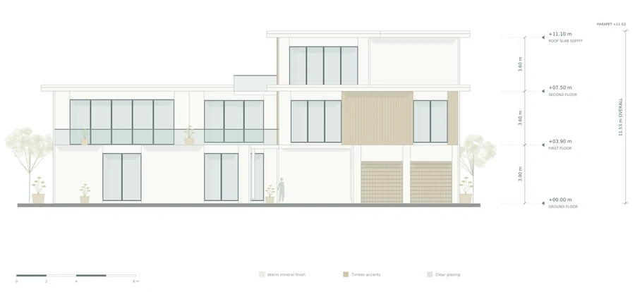 Harmony Court — East elevation · arrival, garage and the stepped building profile