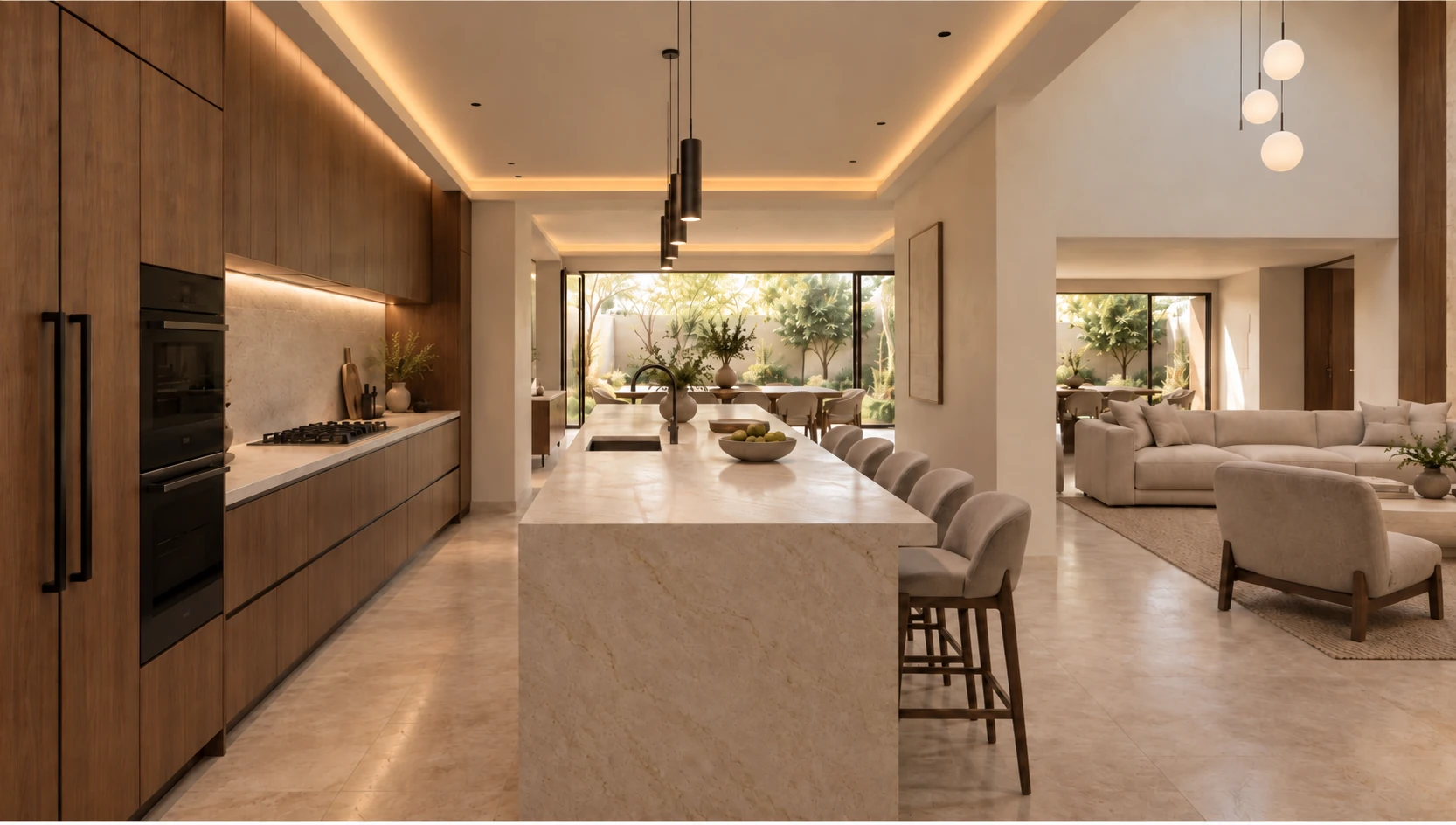 Lomas Altas Residence — Kitchen and living space · walnut, warm stone and concealed lighting