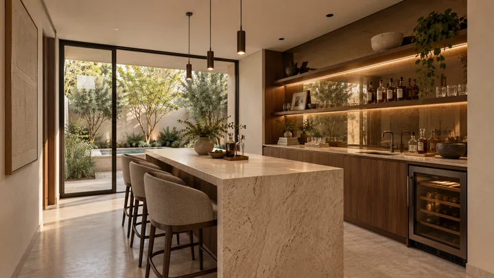 Lomas Altas Residence — Family bar · illuminated shelving and integrated storage
