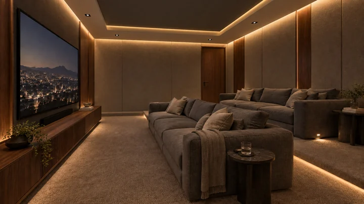 Lomas Altas Residence — Family cinema · layered seating and perimeter lighting
