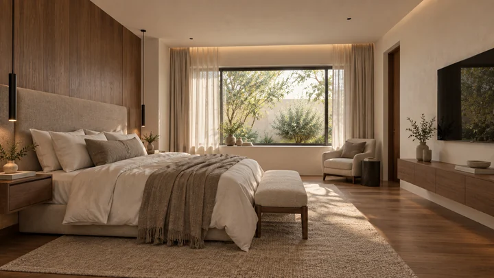 Lomas Altas Residence — Primary bedroom · timber, linen and soft light