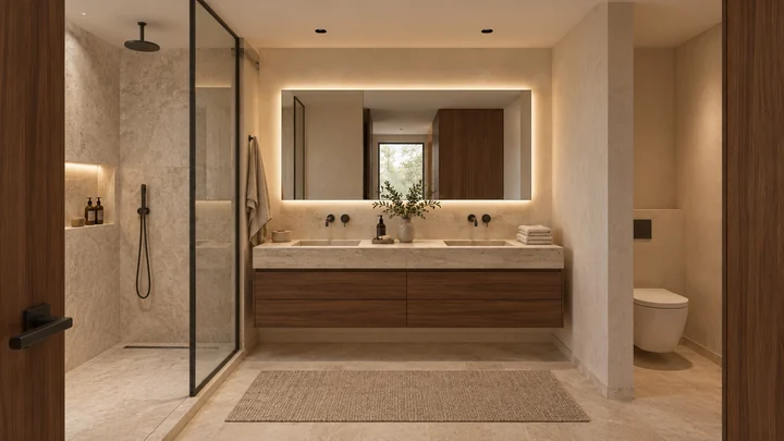 Lomas Altas Residence — Primary bathroom · warm stone and floating vanity