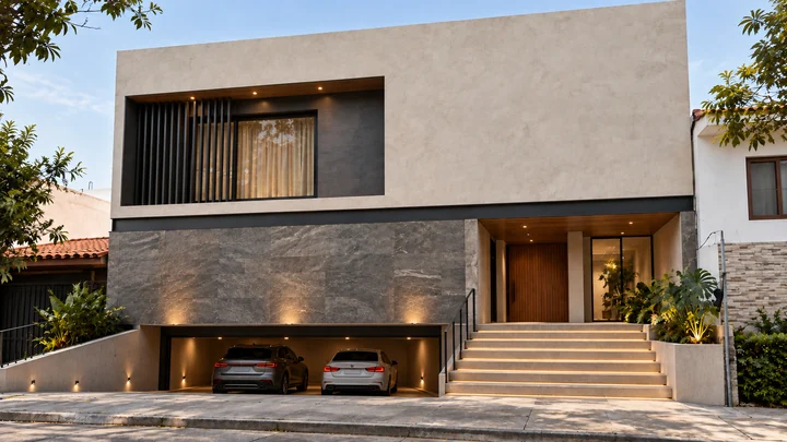 Lomas Altas Residence — Exterior design · raised entry and garage frontage