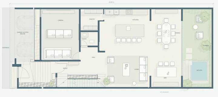 Lomas Altas Residence — Ground floor furnished plan · site boundary, arrival and garden