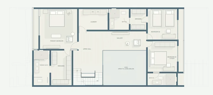 Lomas Altas Residence — Upper floor furnished plan · bedrooms, gallery and living void