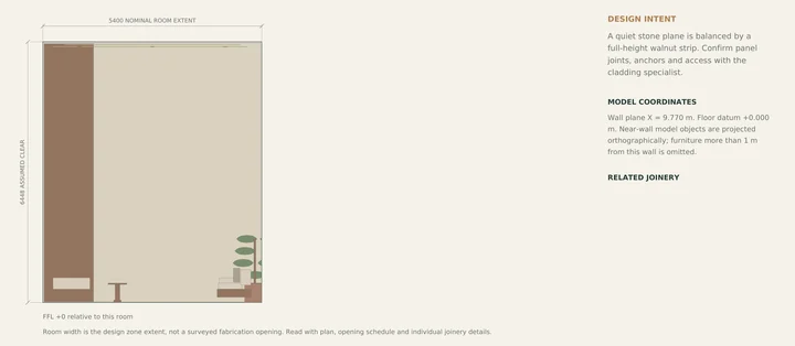 Lomas Altas Residence — Living room elevation · double-height feature wall