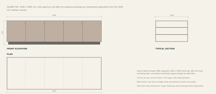 Lomas Altas Residence — Kitchen island · front elevation, plan and cabinet section