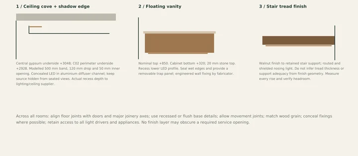 Lomas Altas Residence — Interior details · ceiling cove, floating vanity and illuminated stair tread