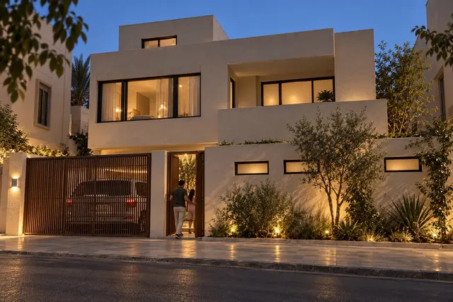 Madinah Family Villa · Exterior · Front facade, dusk
