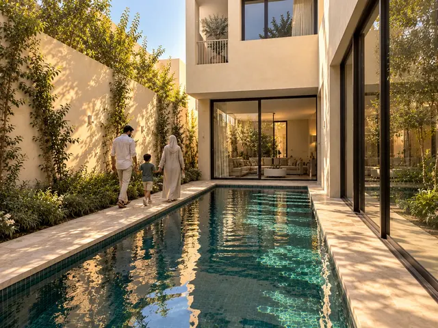 Madinah Family Villa · Exterior · South pool view in golden light