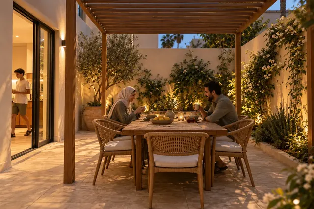 Madinah Family Villa · Exterior · Tea in the courtyard at dusk
