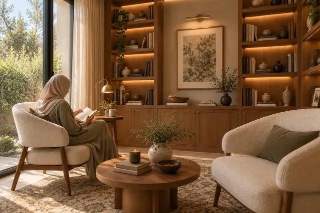 Madinah Family Villa · Interior · Library reading and joinery detail