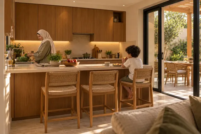 Madinah Family Villa · Interior · Main kitchen and outdoor connection - finish study