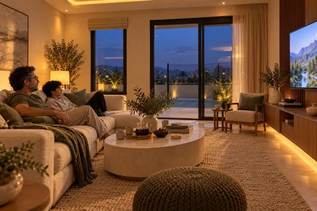 Madinah Family Villa · Interior · Media lounge at evening