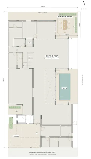 Madinah Family Villa · Site plan · arrival + outdoor living