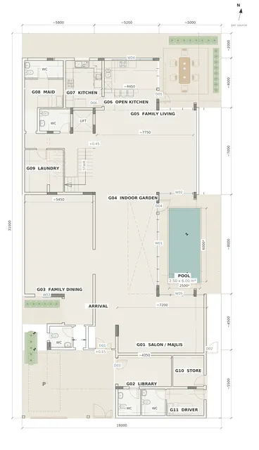 Madinah Family Villa · Ground floor · dimensions + opening references