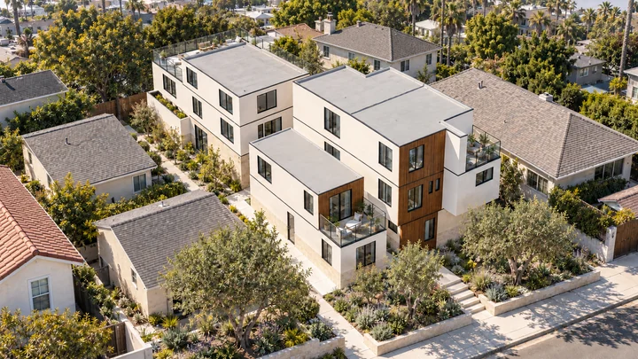 Oliver Court — Aerial view · four homes, a shared pedestrian court and upper terraces
