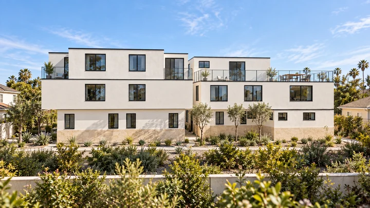 Oliver Court — West side · stepped volumes, garden edges and private terraces