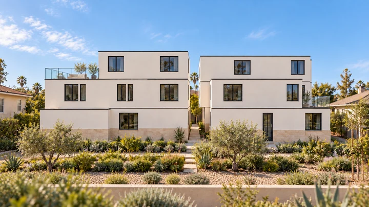 Oliver Court — East side · white mineral surfaces, dark frames and layered planting