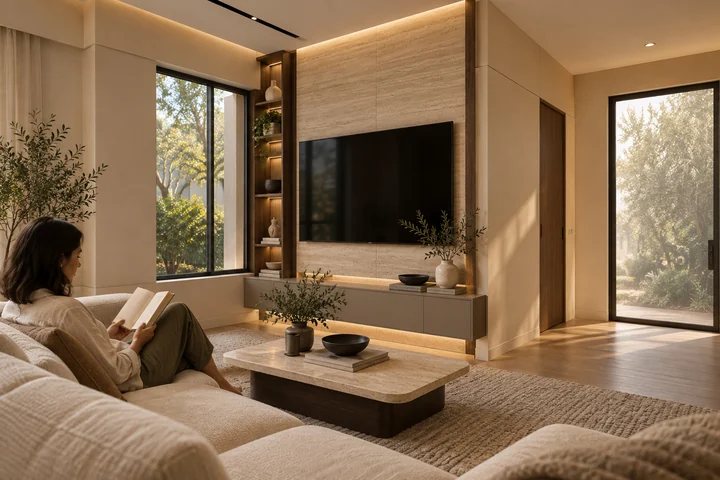 Oliver Court — Street home · living room with stone media wall and fitted timber storage