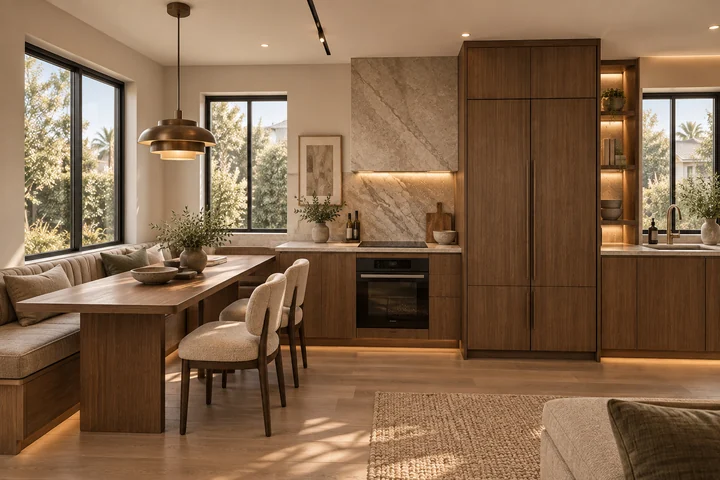 Oliver Court — Court home · kitchen and dining with tailored walnut cabinetry