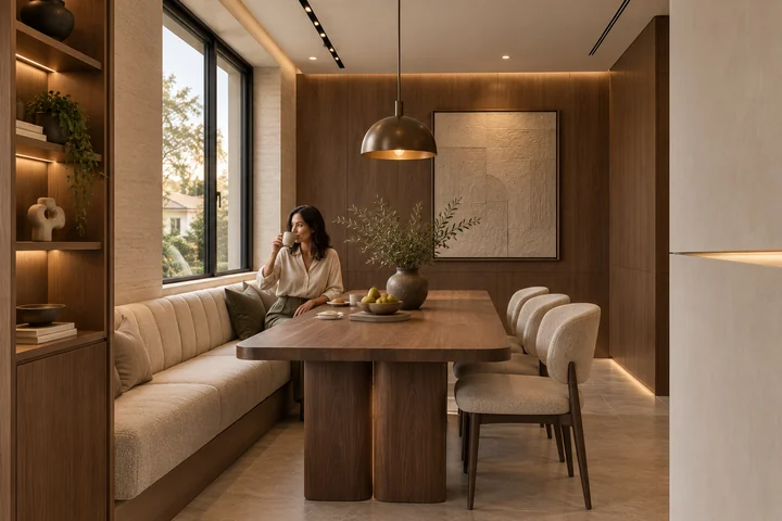 Oliver Court — Garden home · dining nook, upholstered banquette and illuminated display