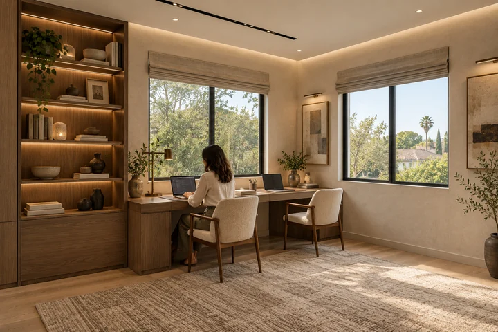 Oliver Court — Garden home · family workspace with built-in shelving and garden views